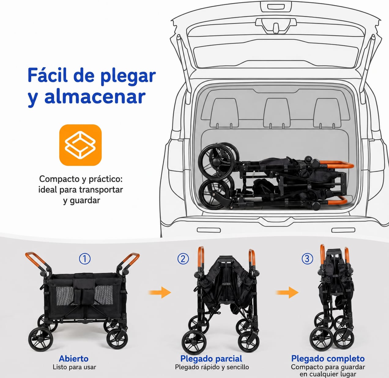 Carro Vagón Plegable Infantil 2 en 1 con Toldo y Asientos Elevados - Imagen 3