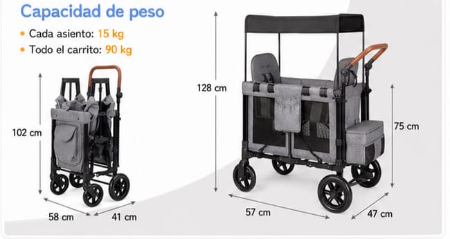 Carro Vagón Plegable Infantil 2 en 1 con Toldo y Asientos Elevados - Imagen 4