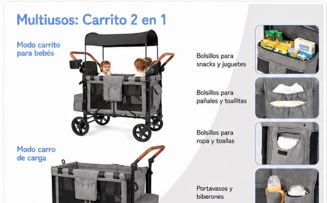 Carro Vagón Plegable Infantil 2 en 1 con Toldo y Asientos Elevados - Imagen 6