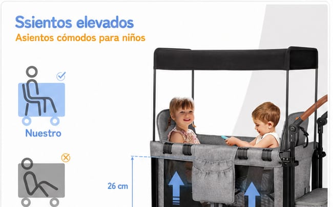 Carro Vagón Plegable Infantil 2 en 1 con Toldo y Asientos Elevados - Imagen 7