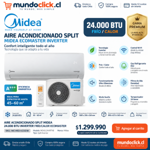 AIRE ACONDICIONADO SPLIT MIDEA ECOMASTER INVERTER 24.000 BTU FRÍO/CALOR + WIFI